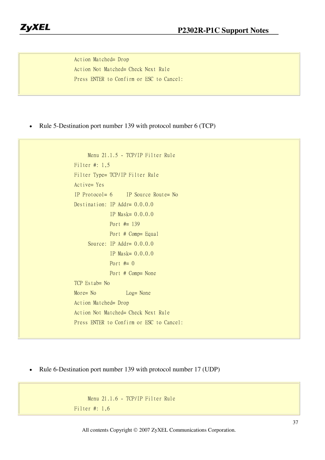 ZyXEL Communications P-2302R-P1C manual Menu 21.1.6 TCP/IP Filter Rule Filter # 1,6 