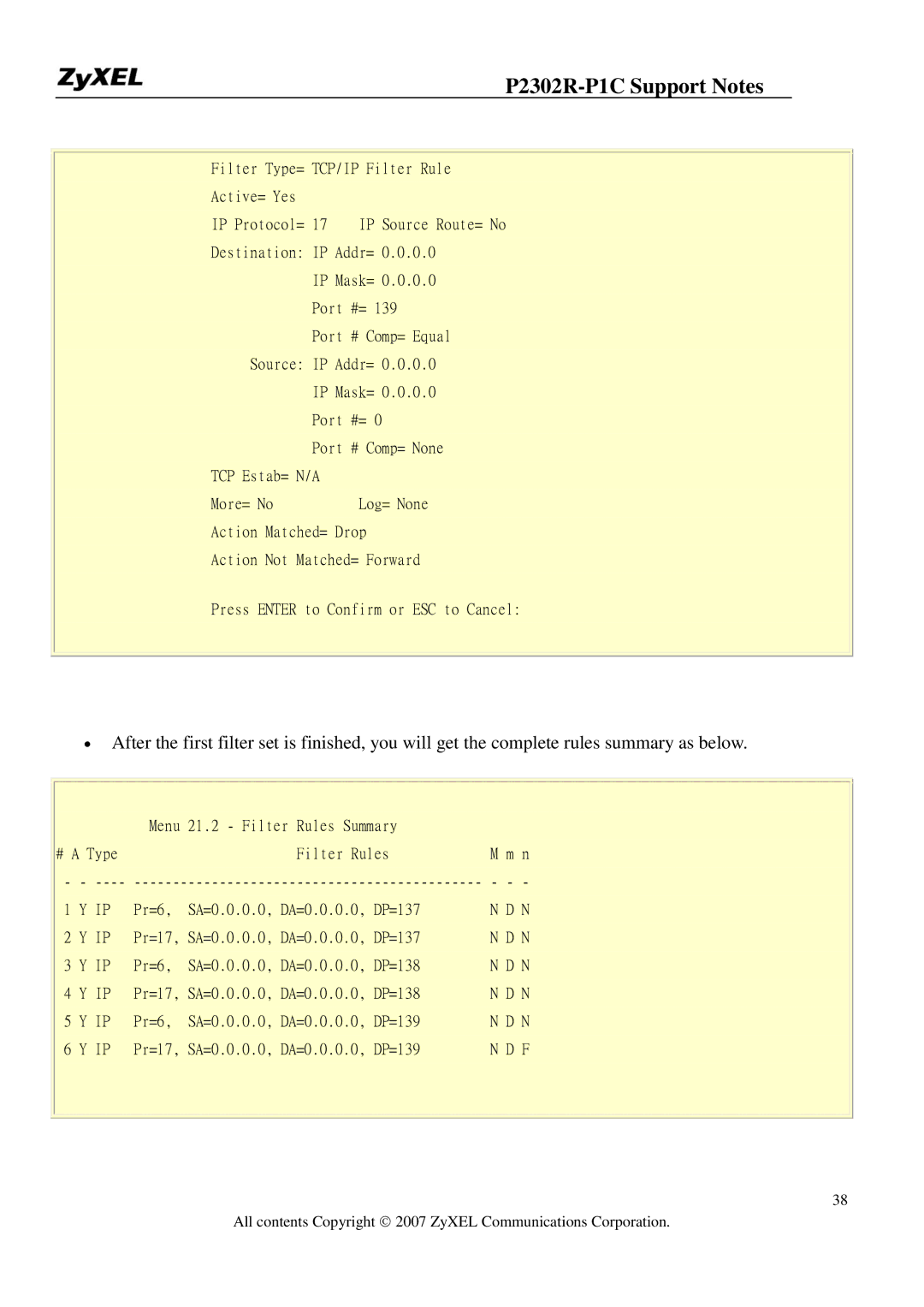 ZyXEL Communications P-2302R-P1C manual Filter Type= TCP/IP Filter Rule Active= Yes IP Protocol= 