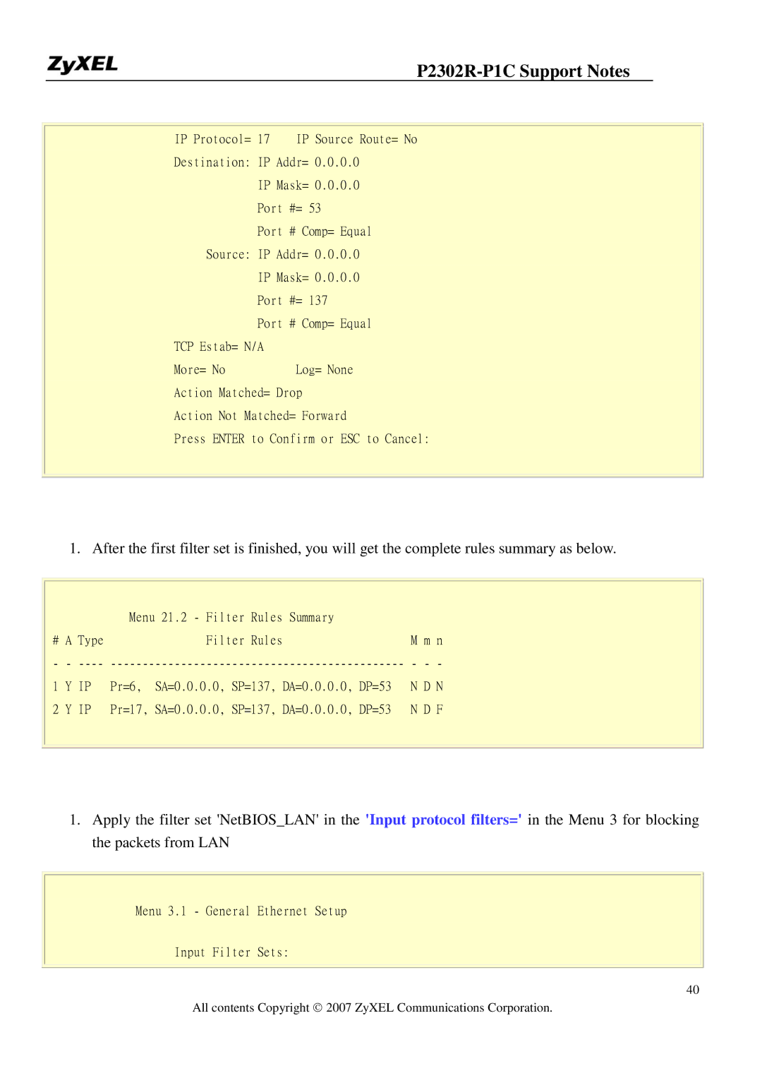 ZyXEL Communications P-2302R-P1C manual Menu 21.2 Filter Rules Summary 