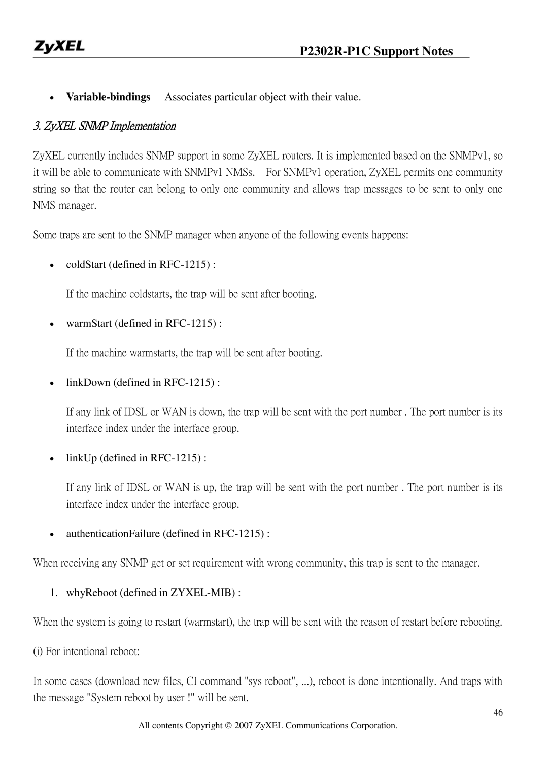 ZyXEL Communications P-2302R-P1C manual ∙ coldStart defined in RFC-1215, ∙ warmStart defined in RFC-1215 