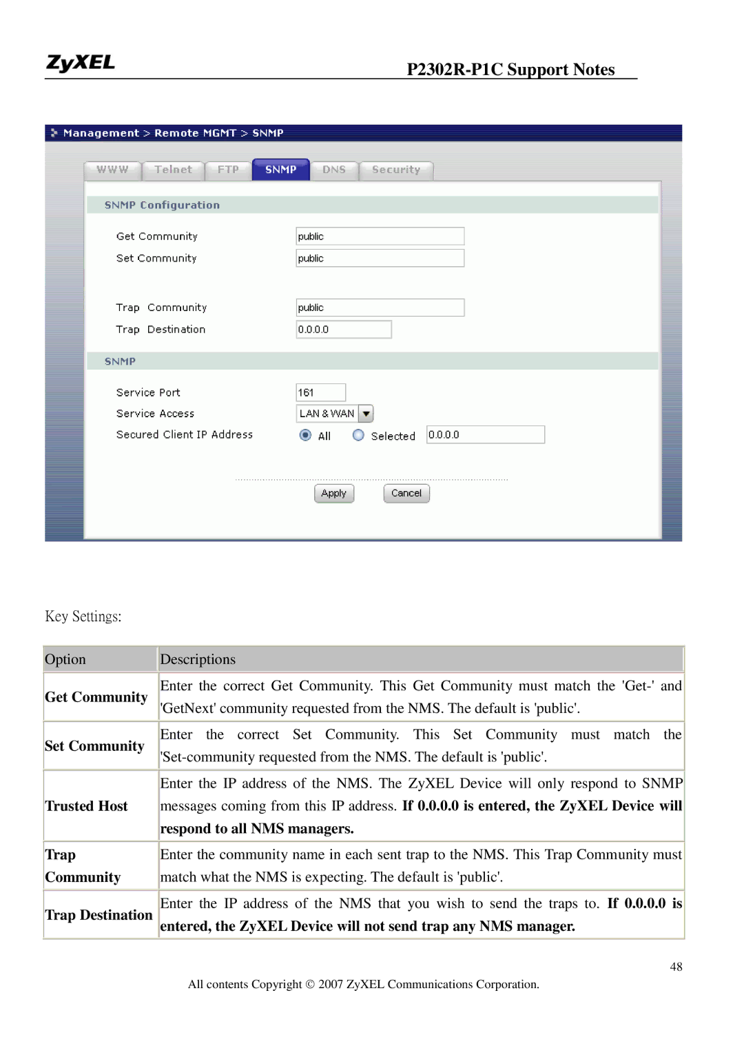 ZyXEL Communications P-2302R-P1C manual Option Descriptions, Get Community, Set Community Trusted Host 