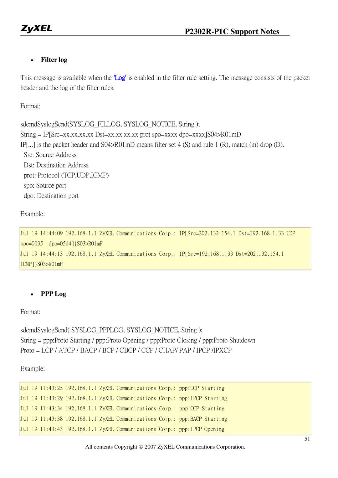 ZyXEL Communications P-2302R-P1C manual ∙ Filter log, ∙ PPP Log 