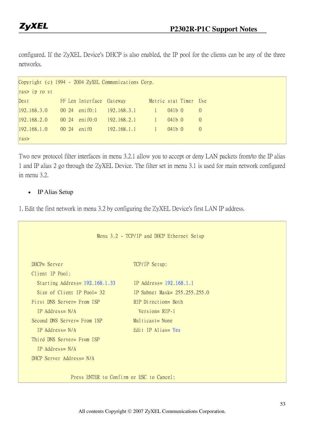 ZyXEL Communications P-2302R-P1C manual ∙ IP Alias Setup 