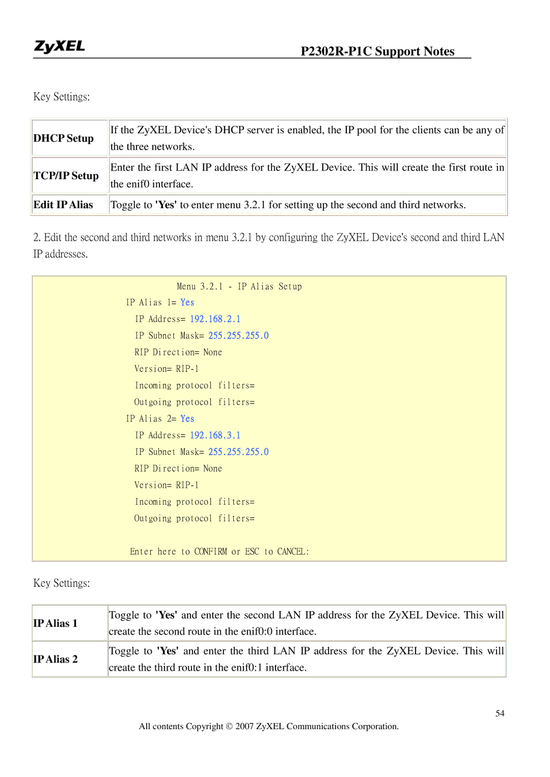 ZyXEL Communications P-2302R-P1C manual Dhcp Setup TCP/IP Setup, IP Alias 