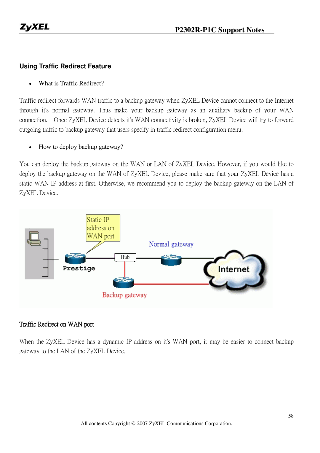 ZyXEL Communications P-2302R-P1C manual Using Traffic Redirect Feature, ∙ What is Traffic Redirect? 