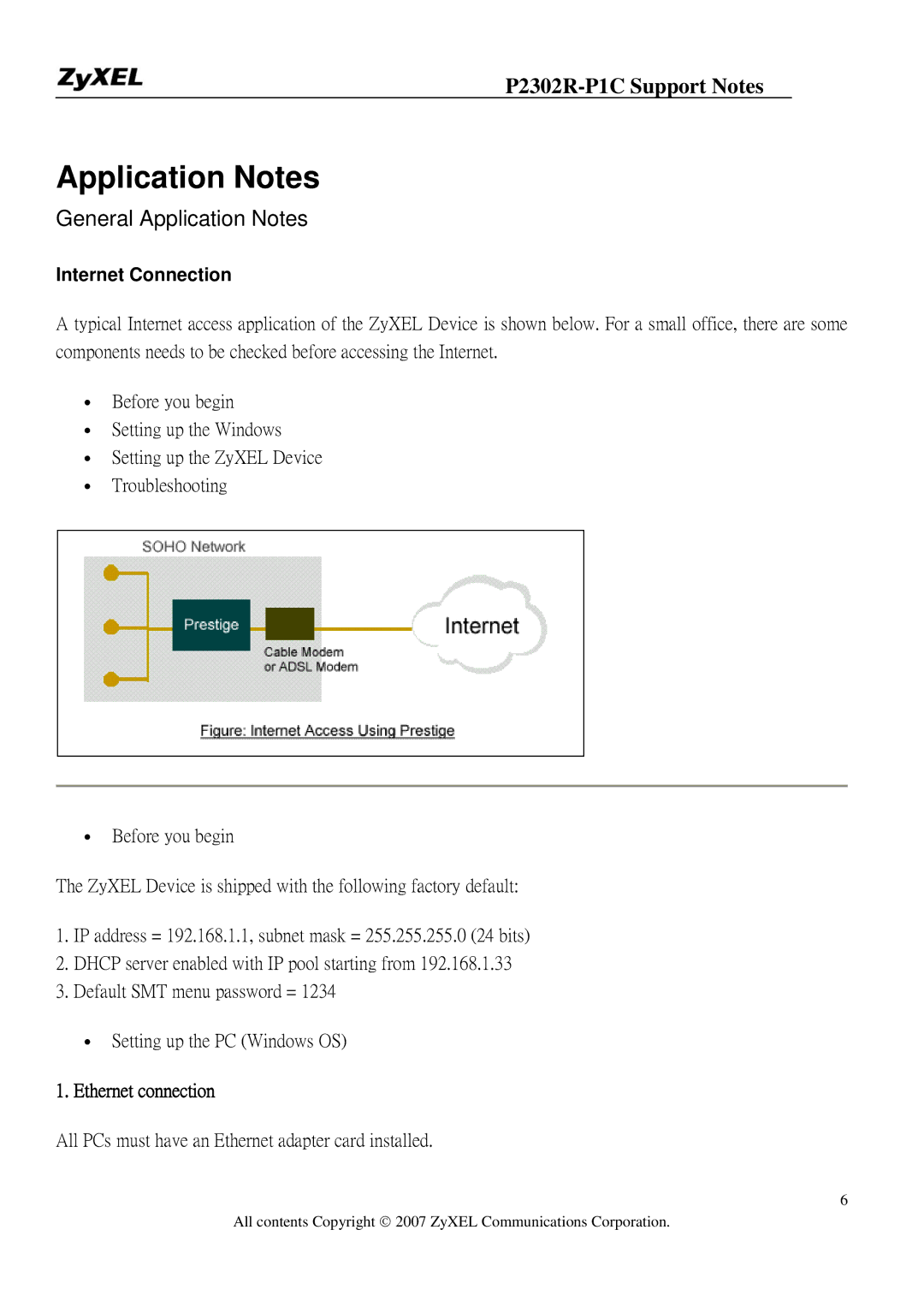 ZyXEL Communications P-2302R-P1C manual Application Notes, Internet Connection 