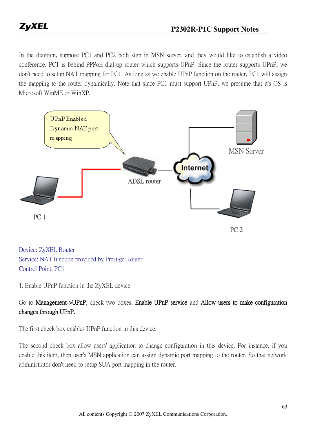 ZyXEL Communications P-2302R-P1C manual Enable UPnP function in the ZyXEL device 