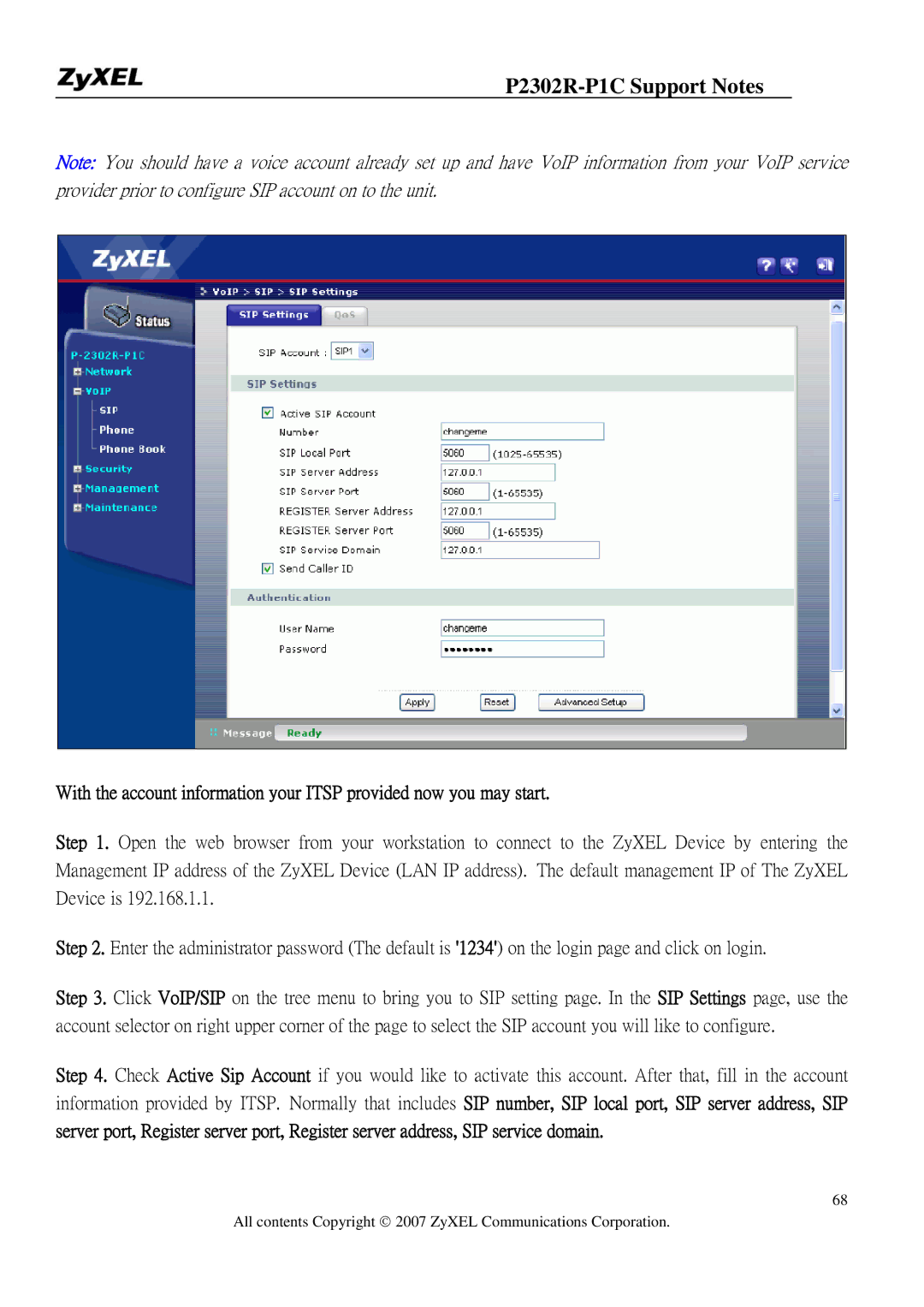 ZyXEL Communications P-2302R-P1C manual P2302R-P1C Support Notes 