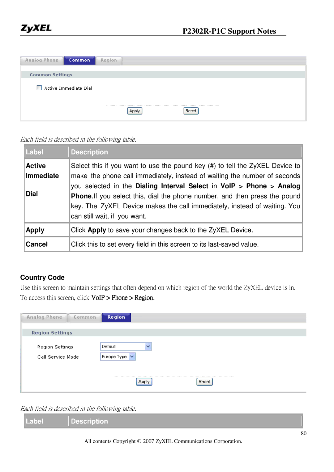 ZyXEL Communications P-2302R-P1C manual Immediate, Dial, Country Code 