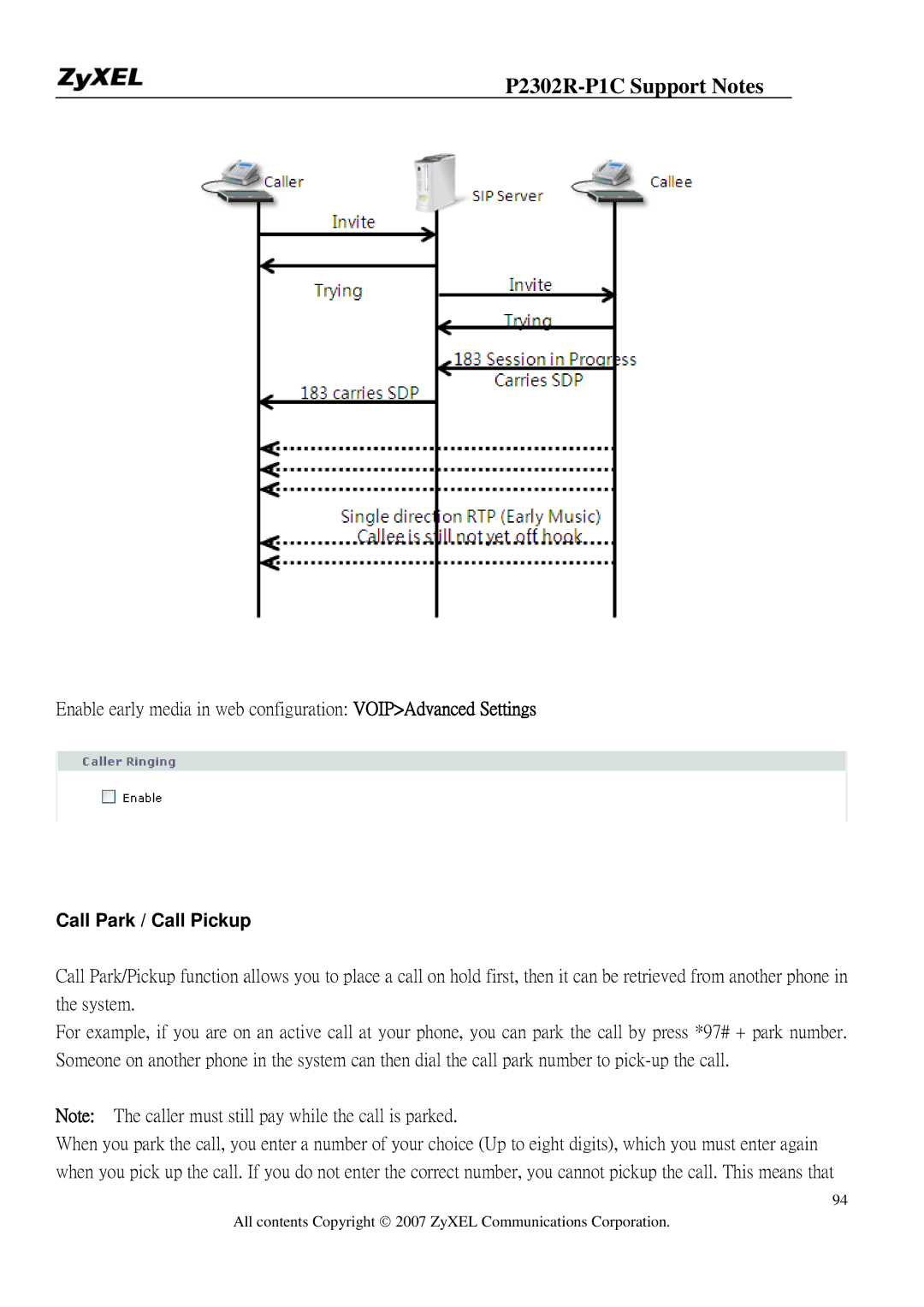 ZyXEL Communications P-2302R-P1C manual Call Park / Call Pickup 