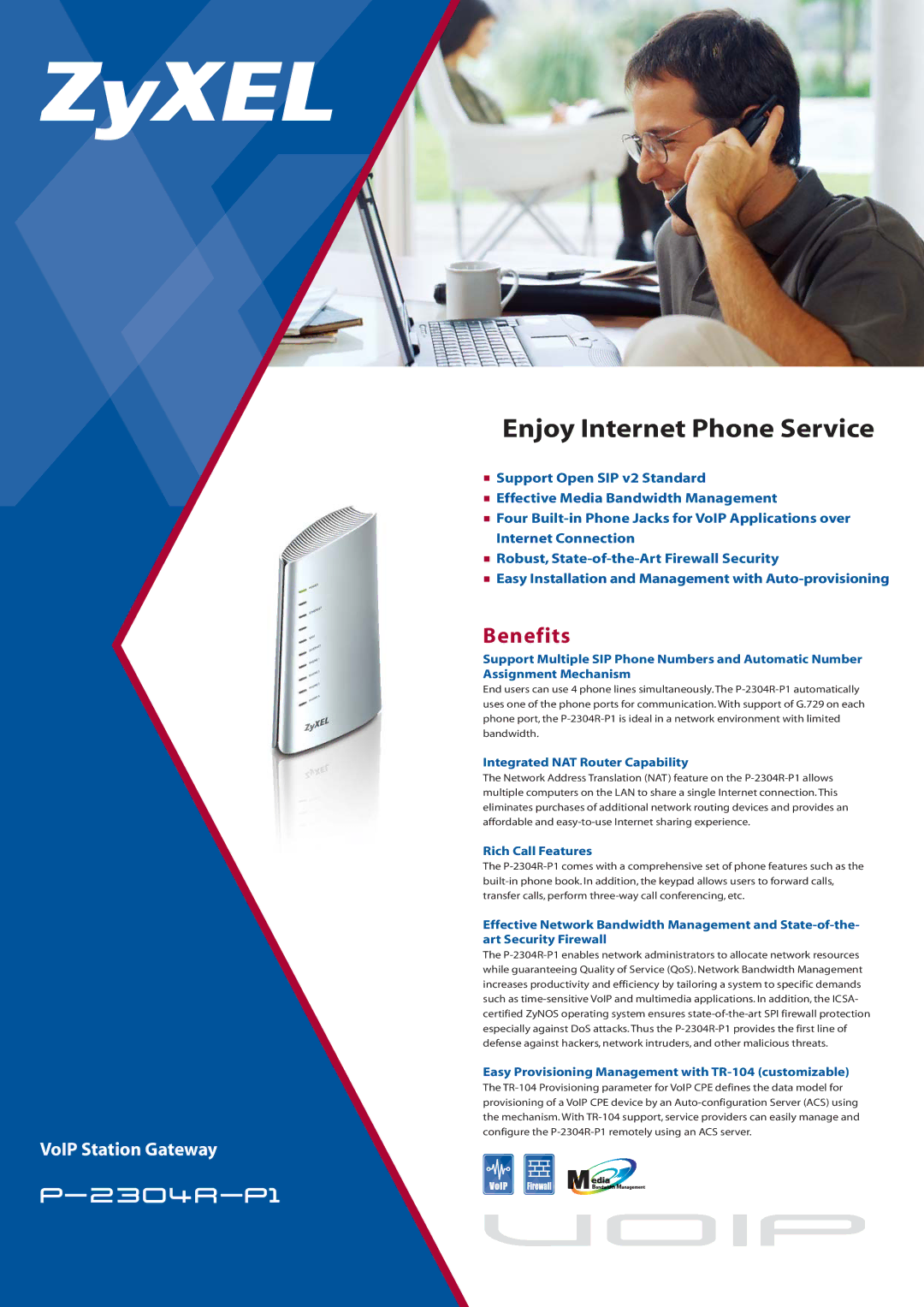 ZyXEL Communications P-2304R-P1 manual Benefits, Integrated NAT Router Capability, Rich Call Features 