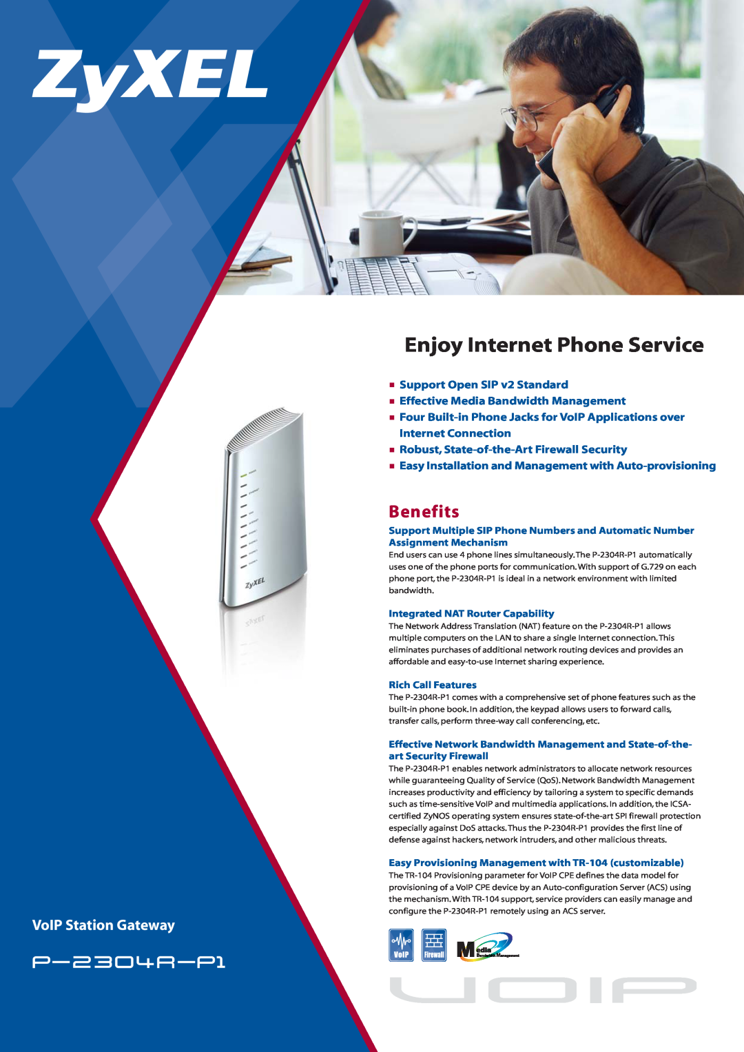 ZyXEL Communications P-2304R-P1 manual Benefits, voip, Enjoy Internet Phone Service, VoIP Station Gateway, p-2304r-p1 