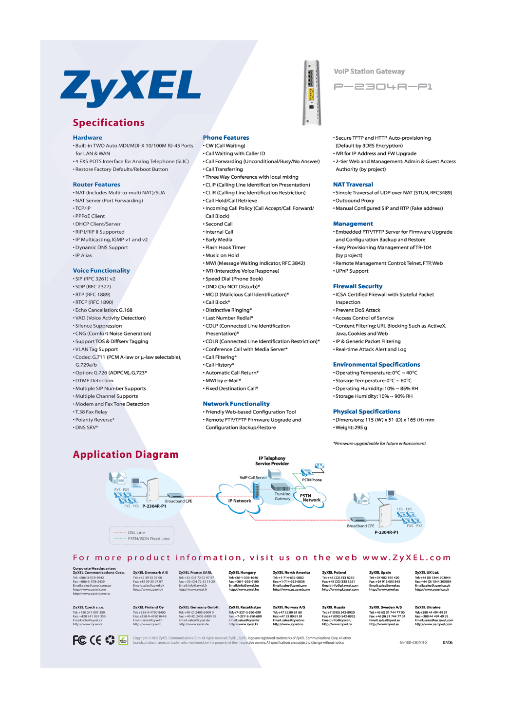 ZyXEL Communications P-2304R-P1 manual Specifications, Application Diagram, p-2304r-p1, VoIP Station Gateway 