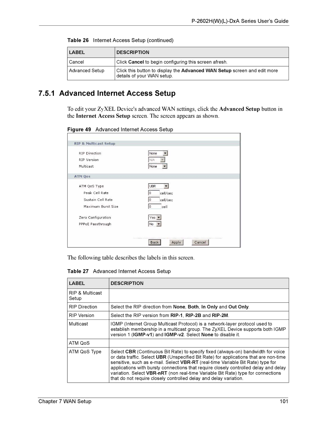 ZyXEL Communications P-2602 manual Advanced Internet Access Setup, WAN Setup 101 
