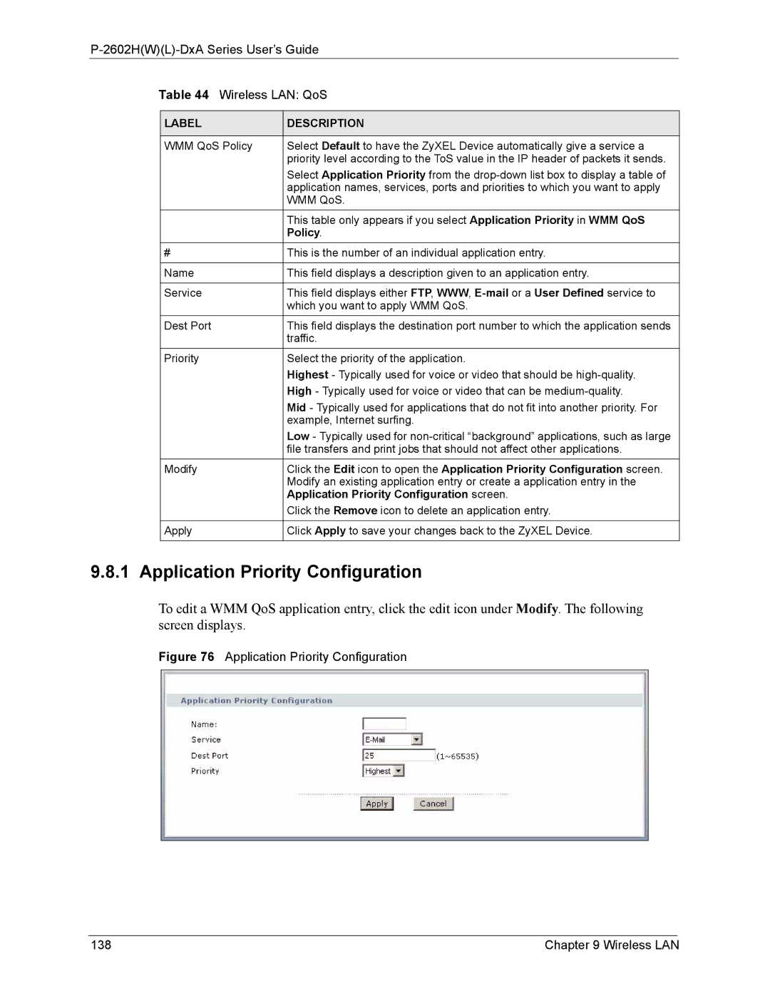 ZyXEL Communications P-2602 Application Priority Configuration, 2602HWL-DxA Series User’s Guide Wireless LAN QoS, Policy 