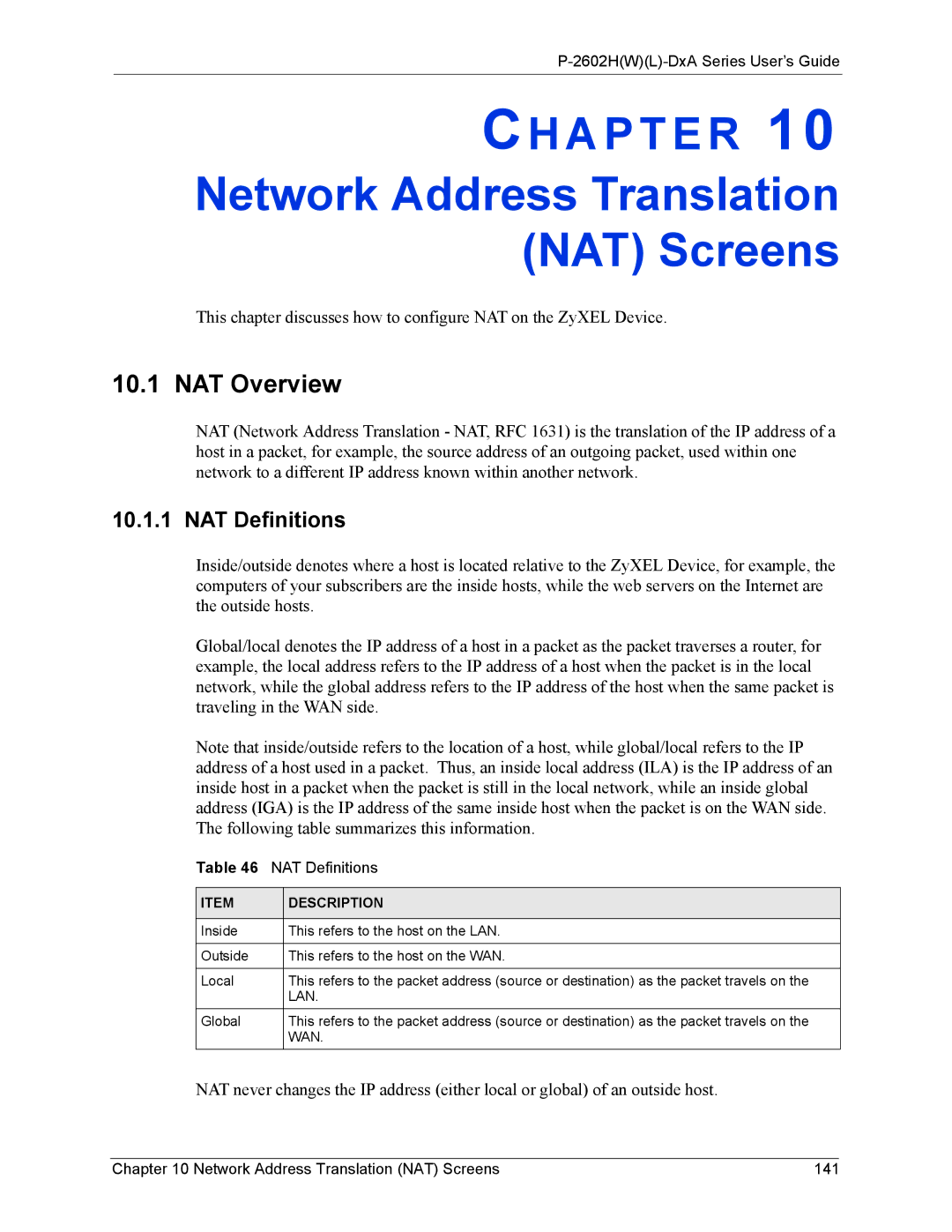 ZyXEL Communications P-2602 manual Network Address Translation NAT Screens, NAT Overview, NAT Definitions 