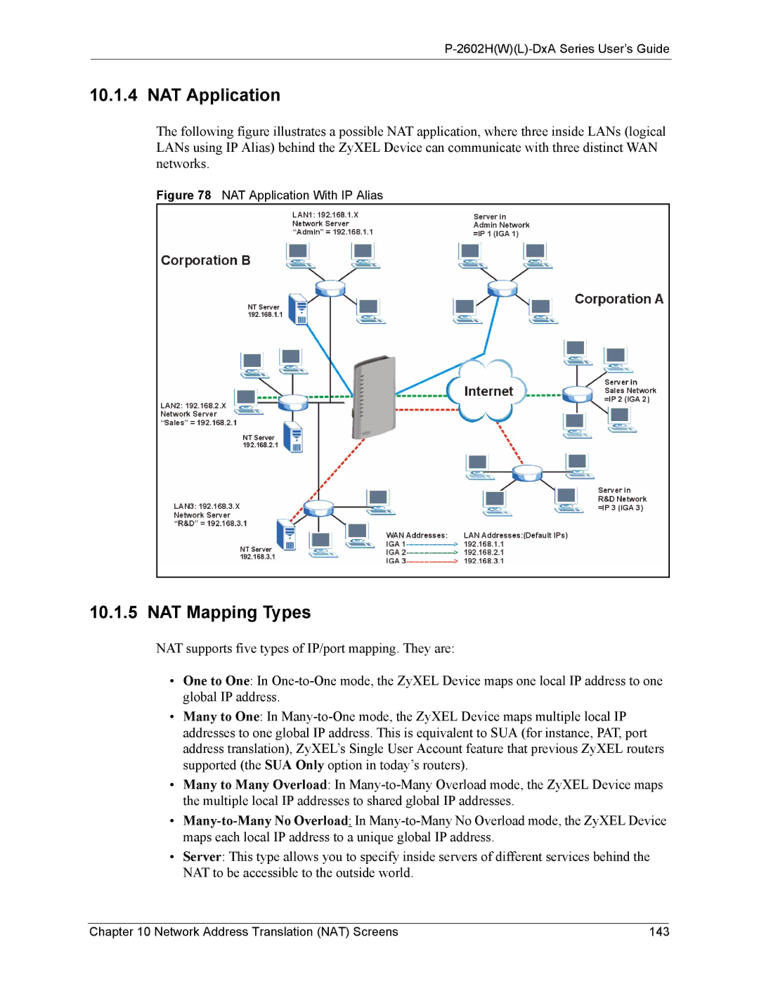 ZyXEL Communications P-2602 manual NAT Application, NAT Mapping Types, Network Address Translation NAT Screens 143 