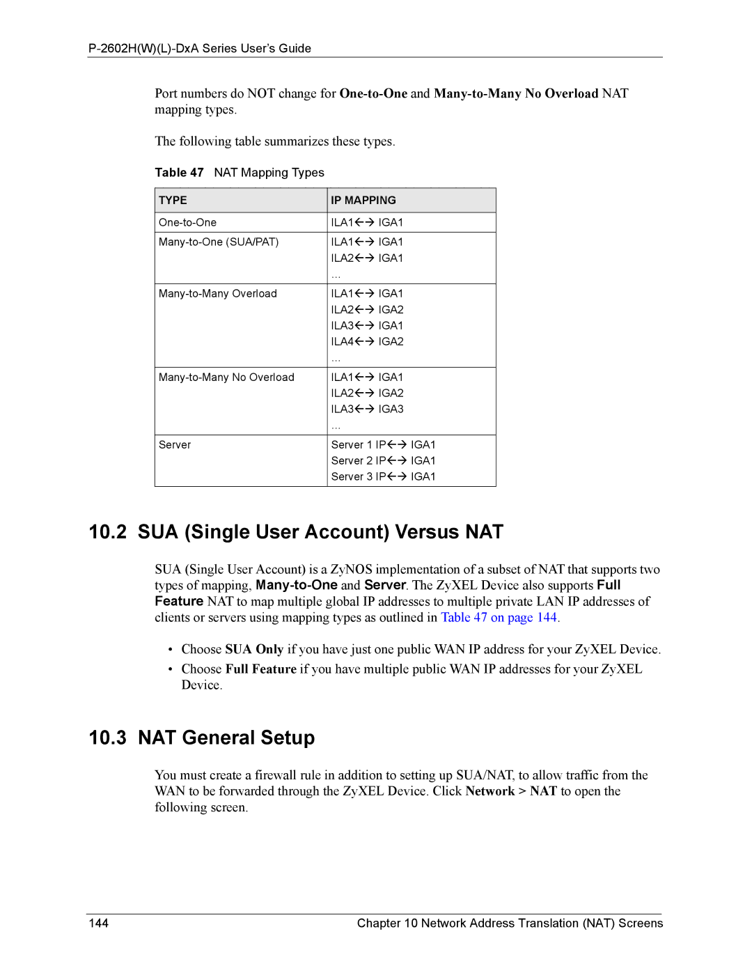 ZyXEL Communications P-2602 SUA Single User Account Versus NAT, NAT General Setup, NAT Mapping Types, Type IP Mapping 