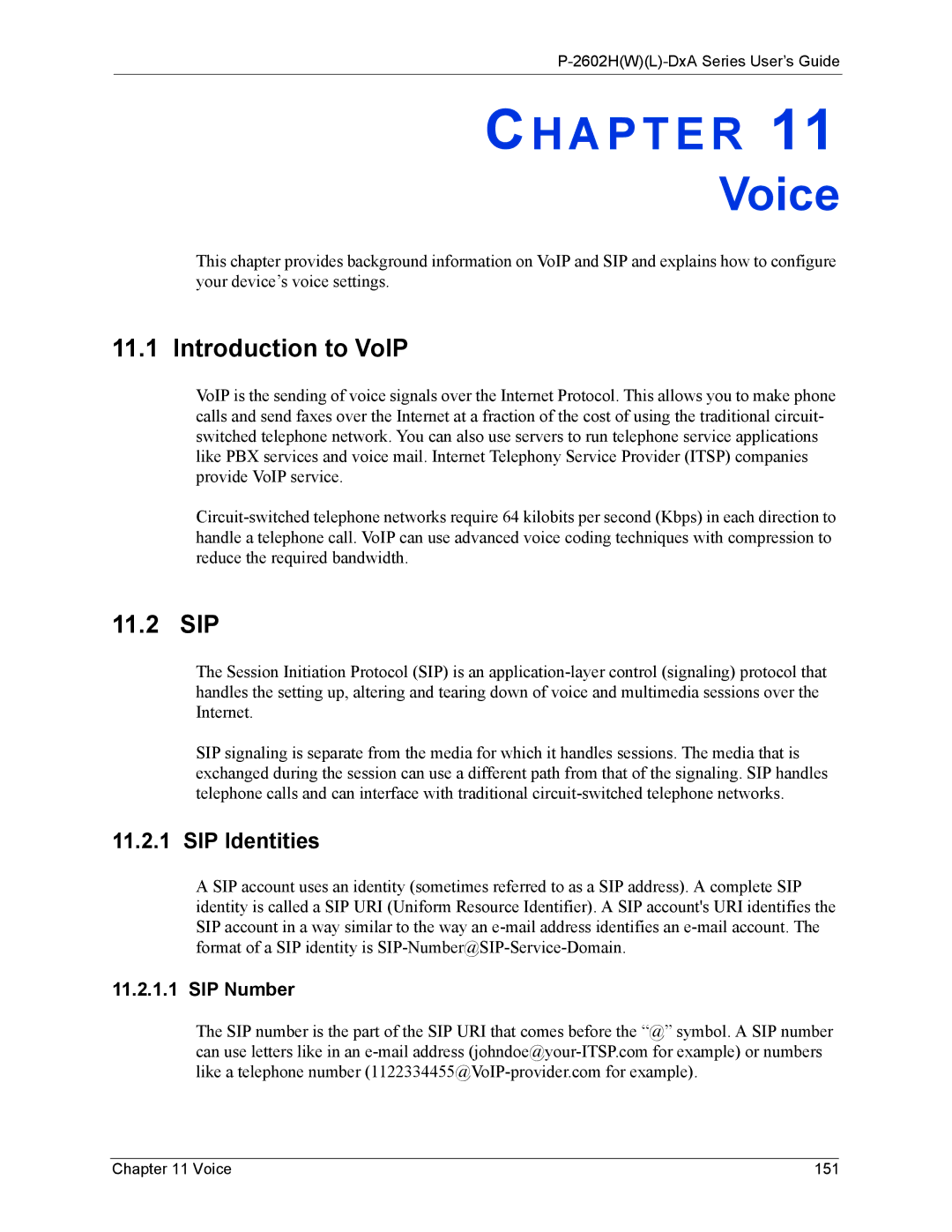 ZyXEL Communications P-2602 manual Voice, Introduction to VoIP, 11.2 SIP, SIP Identities, SIP Number 