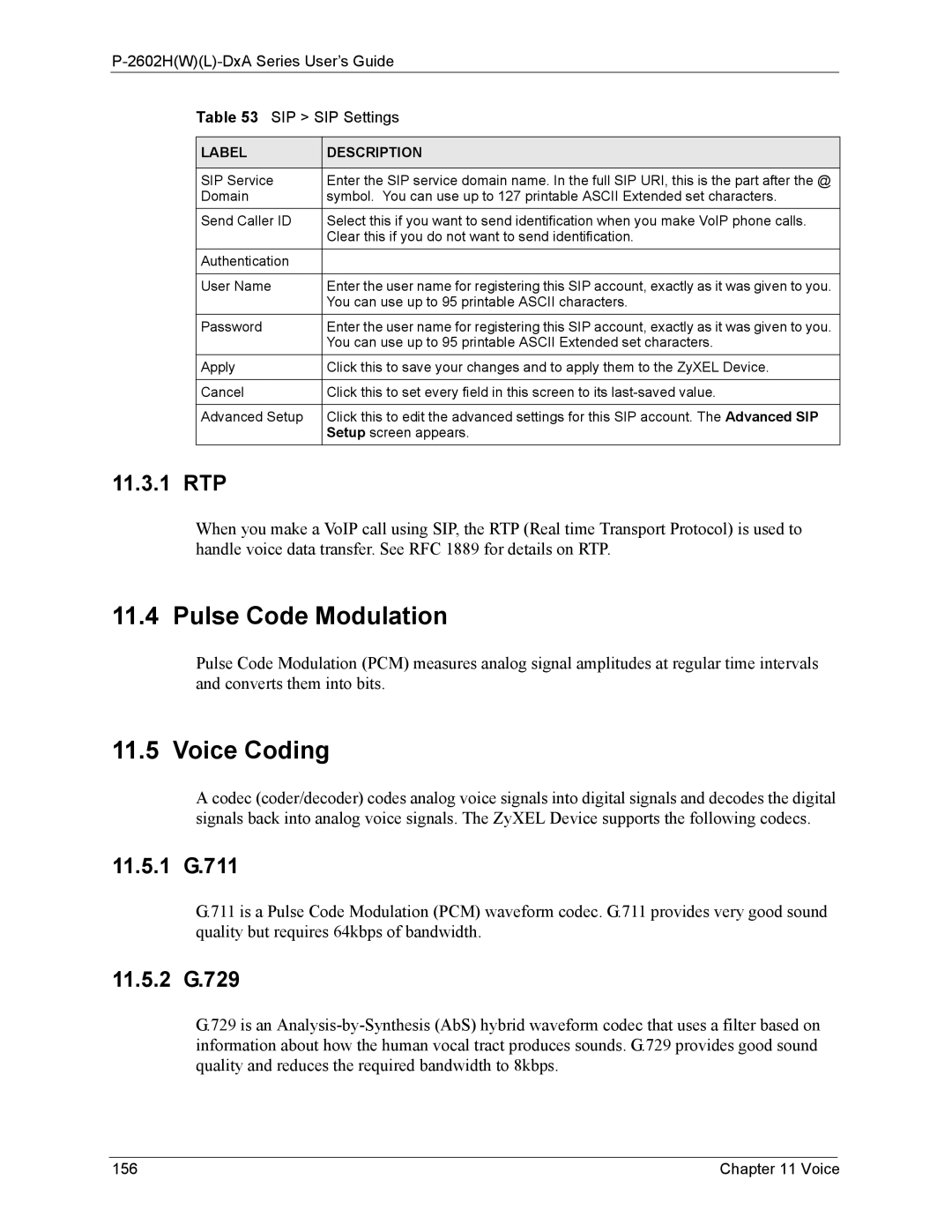 ZyXEL Communications P-2602 manual Pulse Code Modulation, Voice Coding, 11.3.1 RTP, 11.5.1 G.711, 11.5.2 G.729 