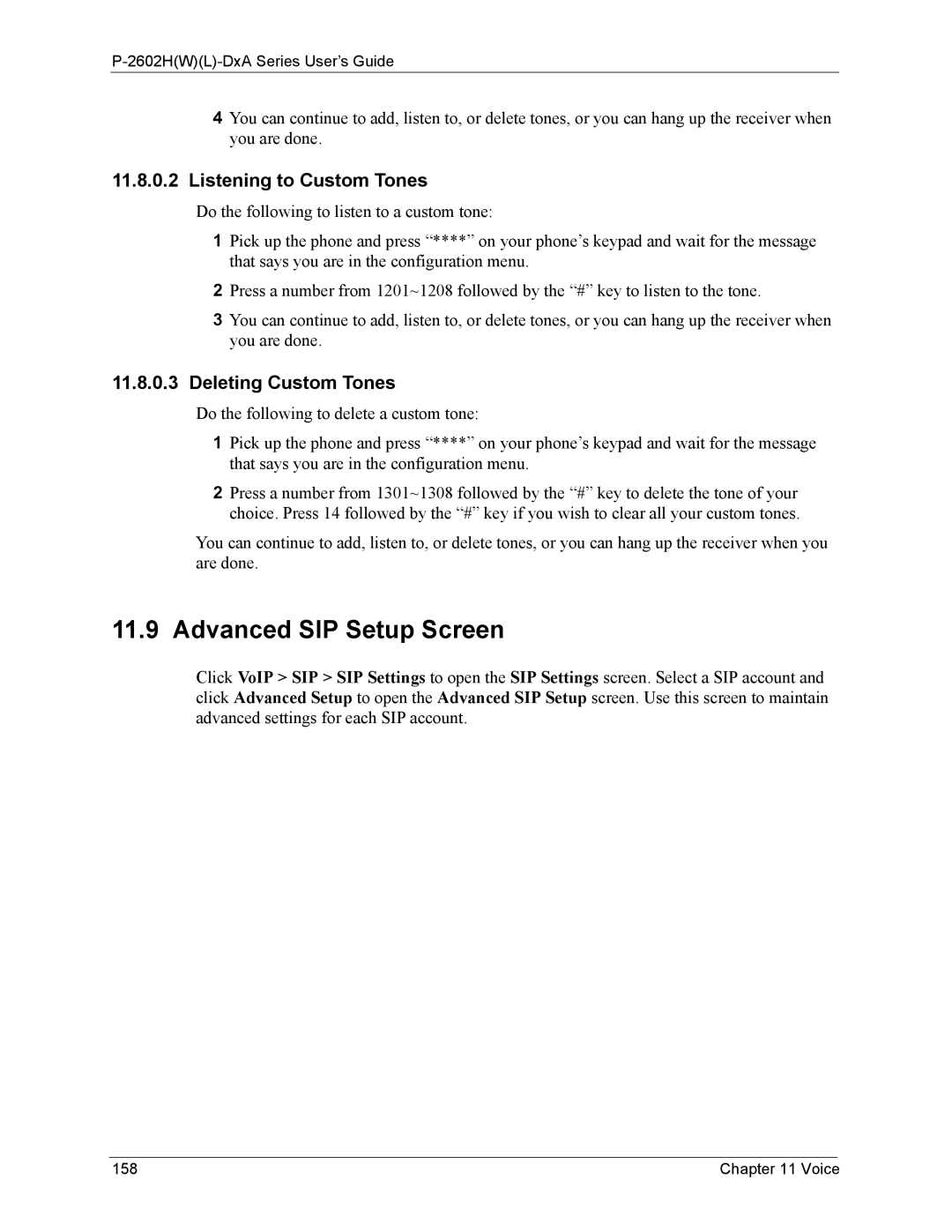 ZyXEL Communications P-2602 manual Advanced SIP Setup Screen, Listening to Custom Tones, Deleting Custom Tones, Voice 