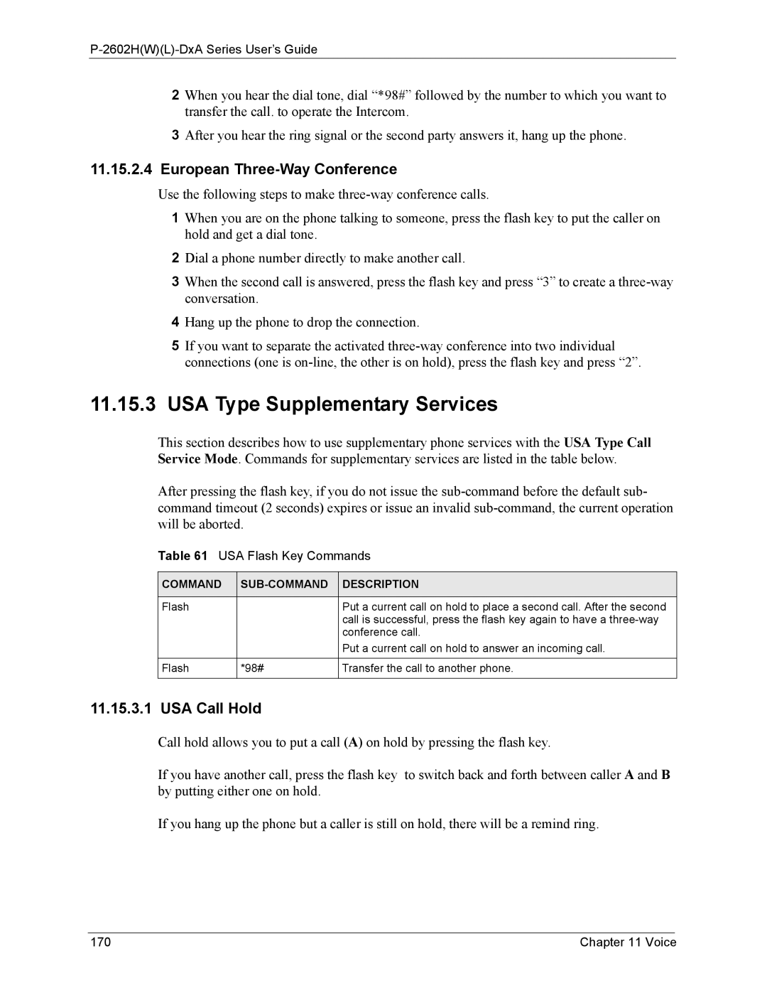 ZyXEL Communications P-2602 manual USA Type Supplementary Services, European Three-Way Conference, USA Call Hold, Voice 