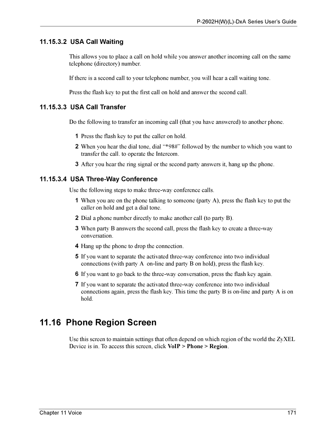 ZyXEL Communications P-2602 Phone Region Screen, USA Call Waiting, USA Call Transfer, USA Three-Way Conference, Voice 171 