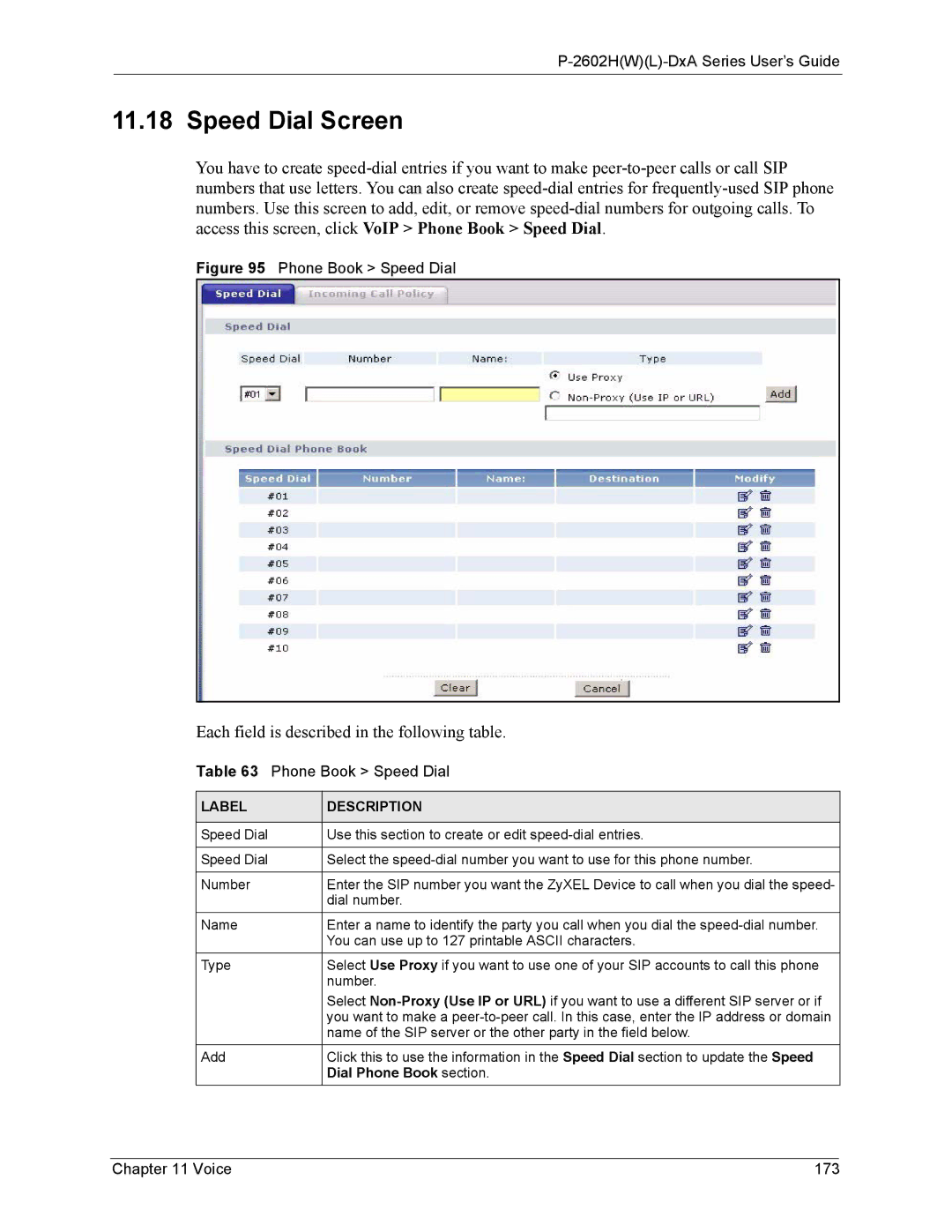 ZyXEL Communications P-2602 manual Speed Dial Screen, Voice 173, Dial Phone Book section 
