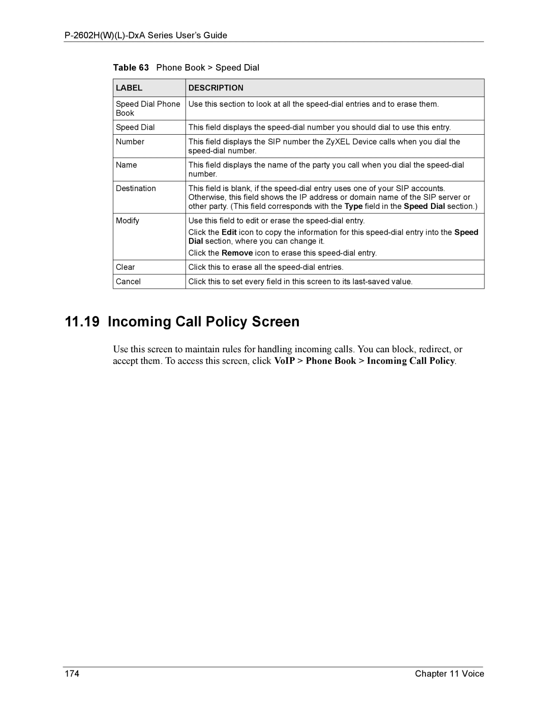 ZyXEL Communications P-2602 Incoming Call Policy Screen, 2602HWL-DxA Series User’s Guide Phone Book Speed Dial, Voice 