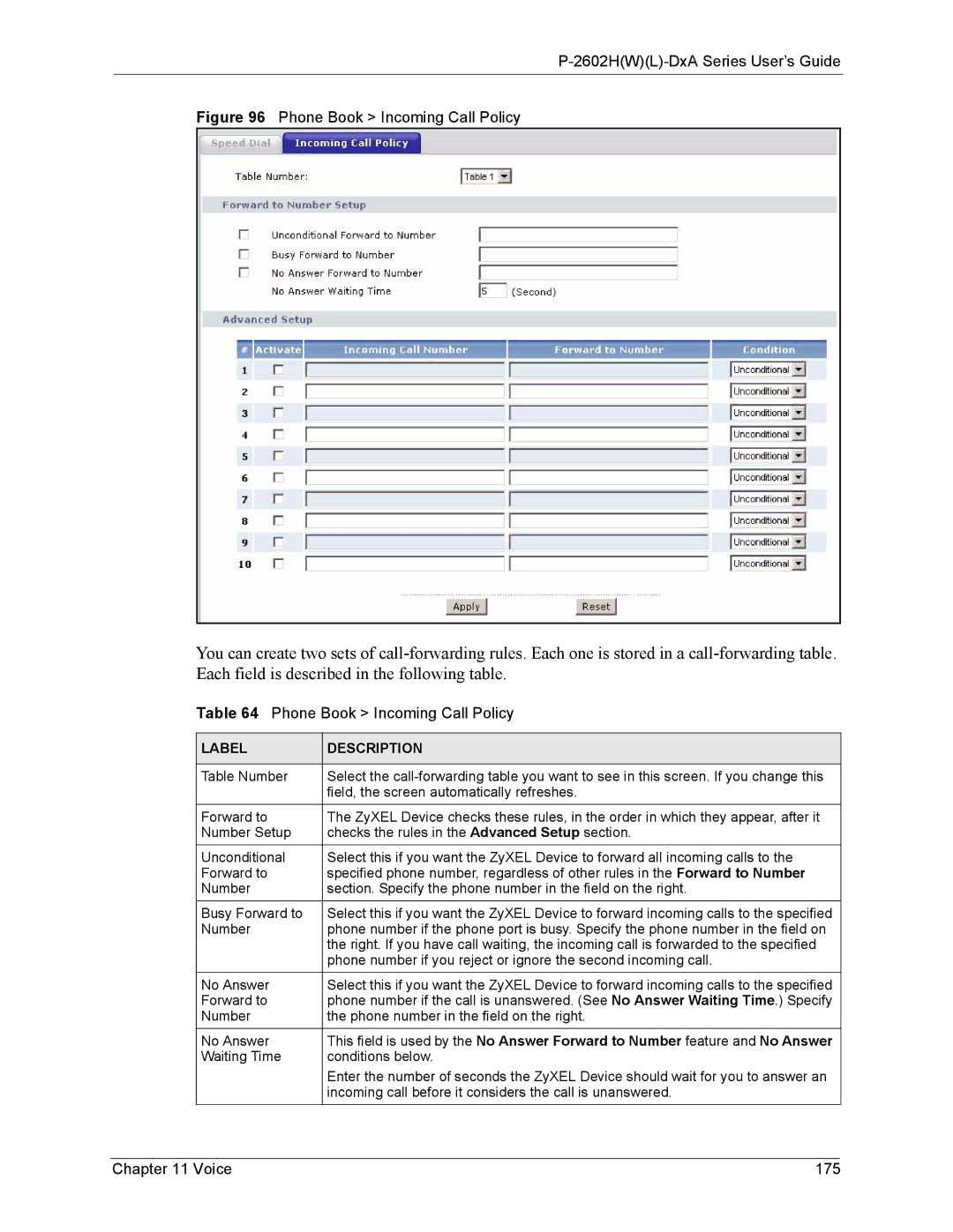 ZyXEL Communications P-2602 manual Phone Book Incoming Call Policy, Voice 175 