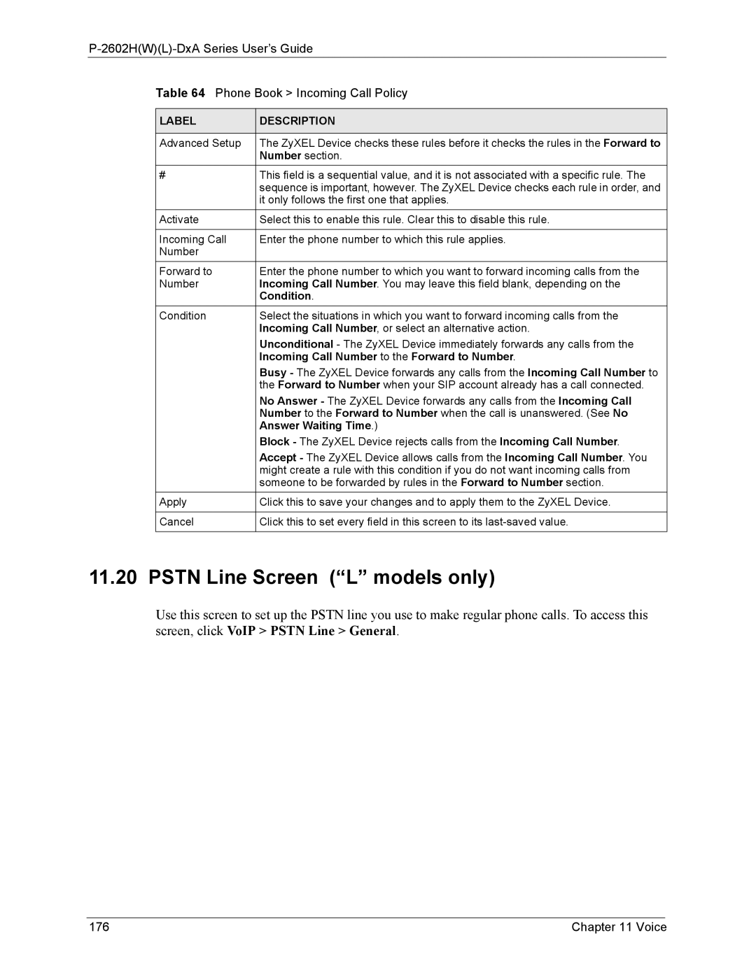 ZyXEL Communications P-2602 manual Pstn Line Screen L models only, Voice, Condition, Answer Waiting Time 