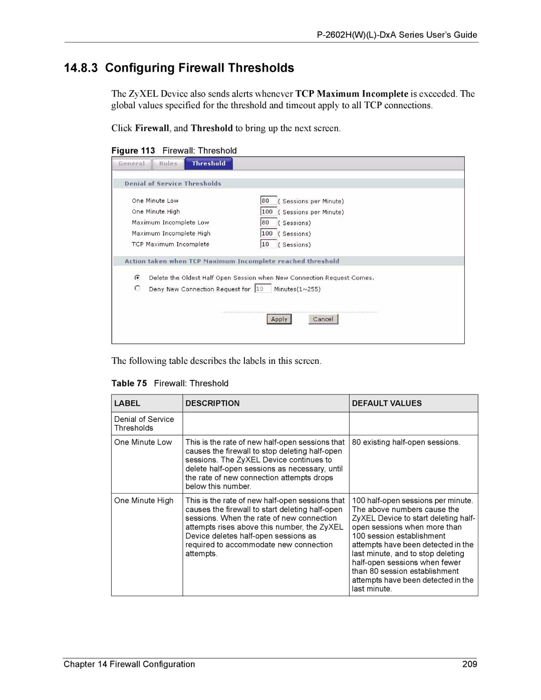 ZyXEL Communications P-2602 Configuring Firewall Thresholds, Firewall Configuration 209, Label Description Default Values 