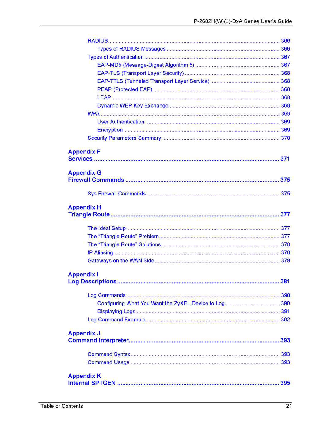 ZyXEL Communications P-2602 manual Appendix F Services 371 Appendix G Firewall Commands 375 