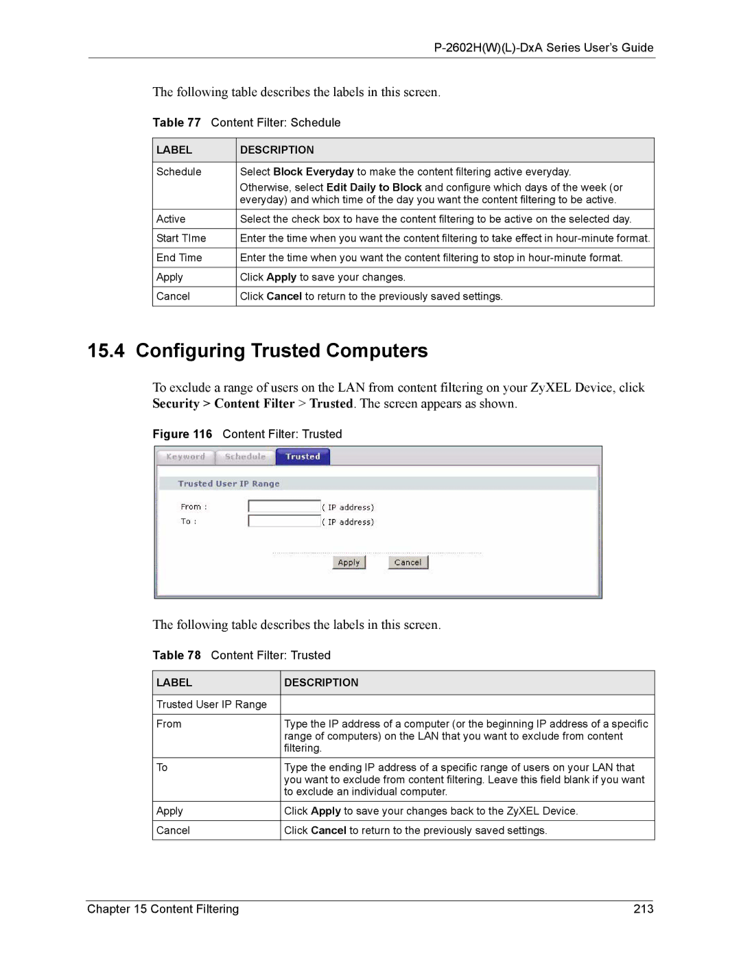 ZyXEL Communications P-2602 manual Configuring Trusted Computers, Content Filter Schedule, Content Filtering 213 