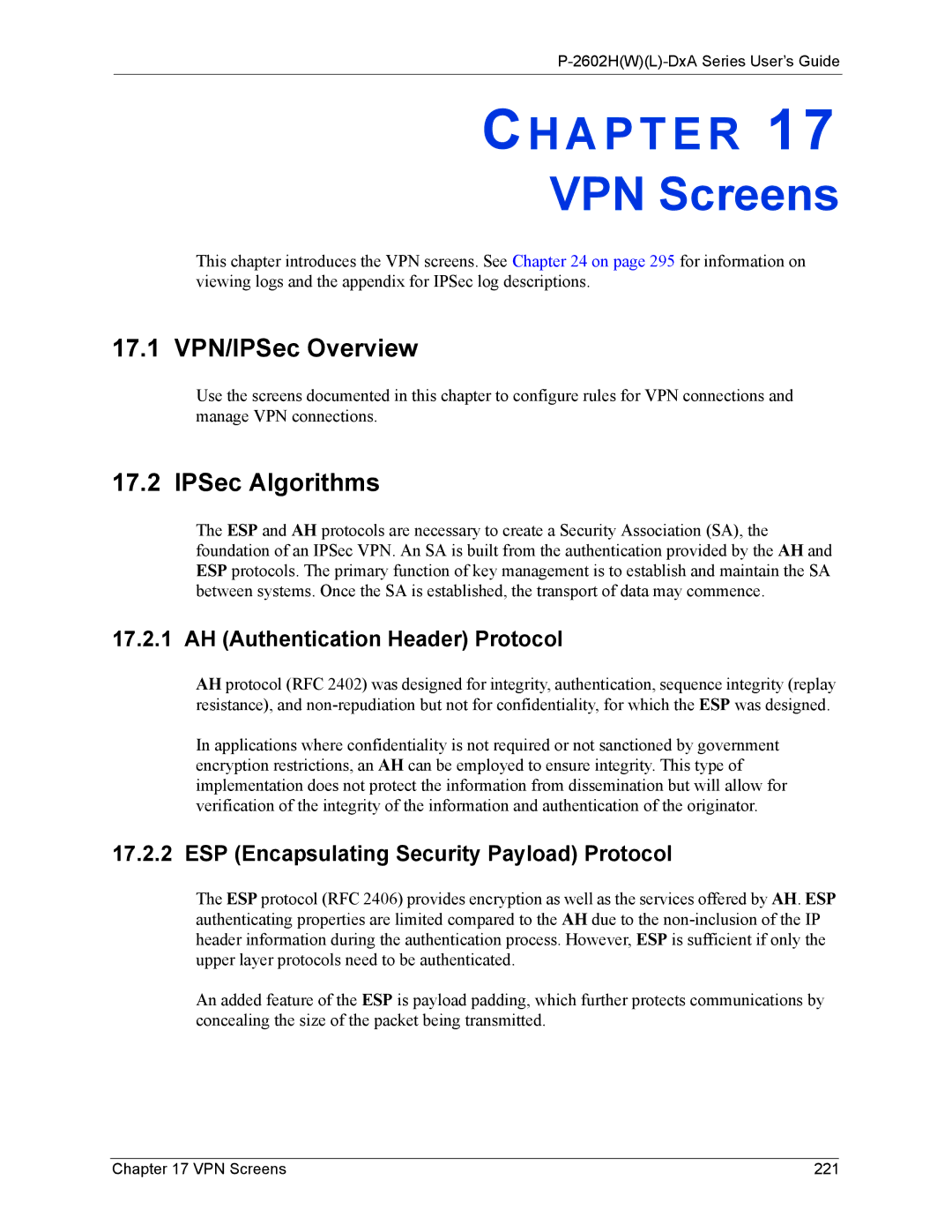 ZyXEL Communications P-2602 VPN Screens, 17.1 VPN/IPSec Overview, IPSec Algorithms, AH Authentication Header Protocol 