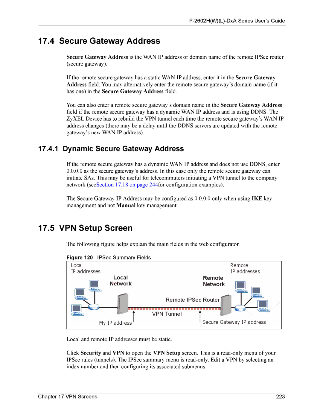 ZyXEL Communications P-2602 manual VPN Setup Screen, Dynamic Secure Gateway Address, VPN Screens 223 