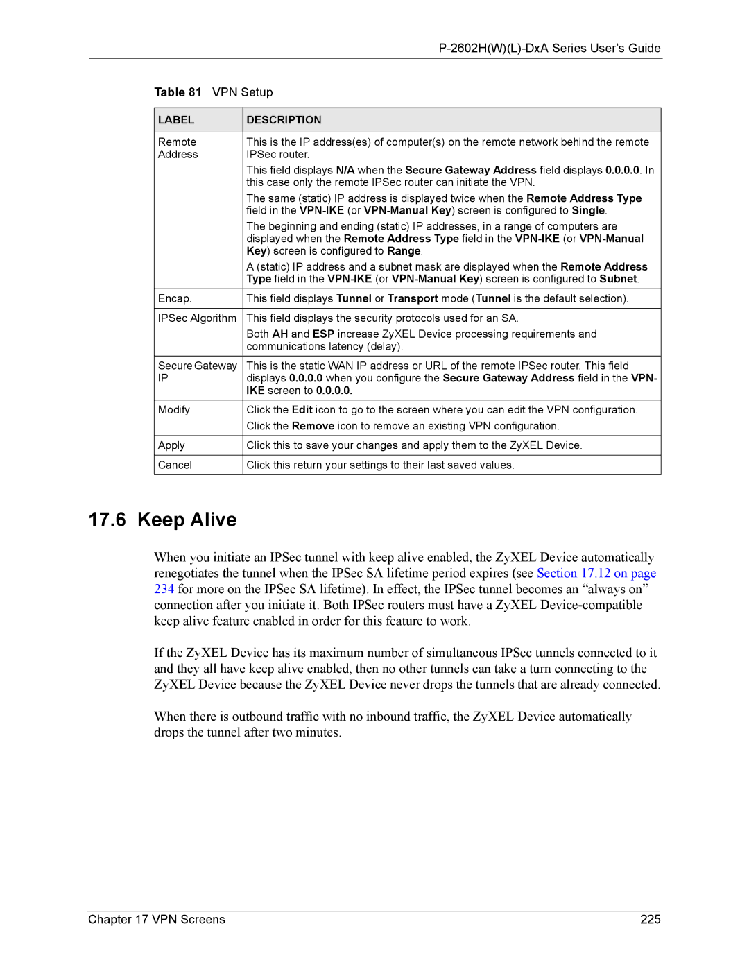 ZyXEL Communications P-2602 manual Keep Alive, VPN Screens 225, IKE screen to 