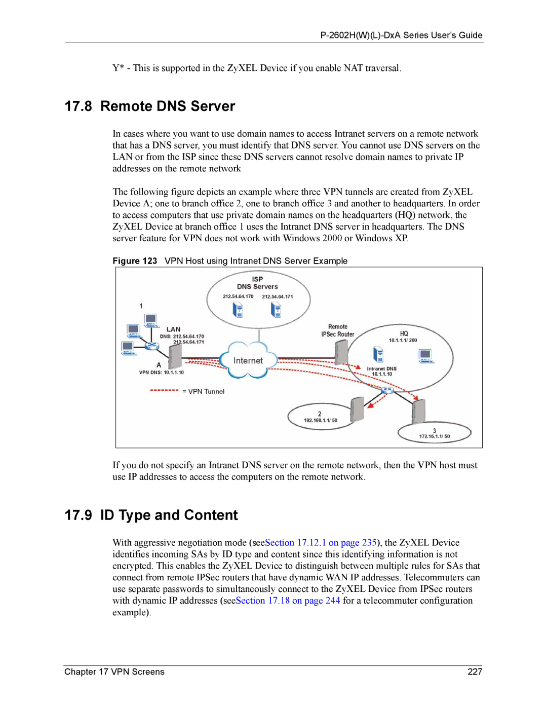 ZyXEL Communications P-2602 manual Remote DNS Server, ID Type and Content, VPN Screens 227 