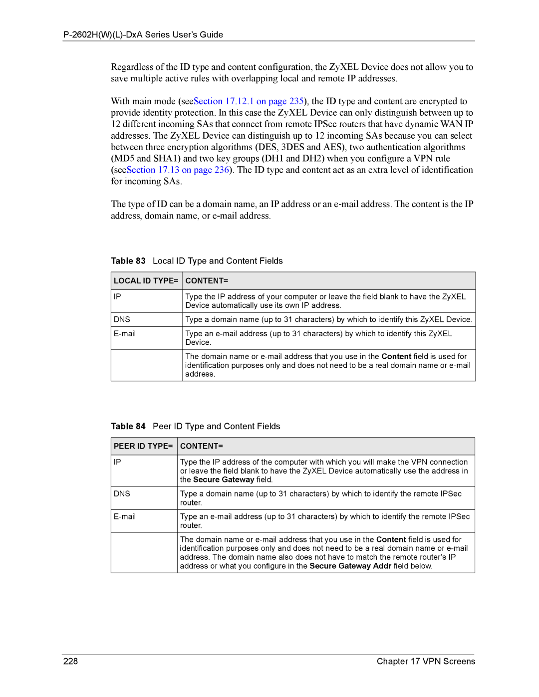 ZyXEL Communications P-2602 manual Local ID Type and Content Fields, Peer ID Type and Content Fields, VPN Screens 