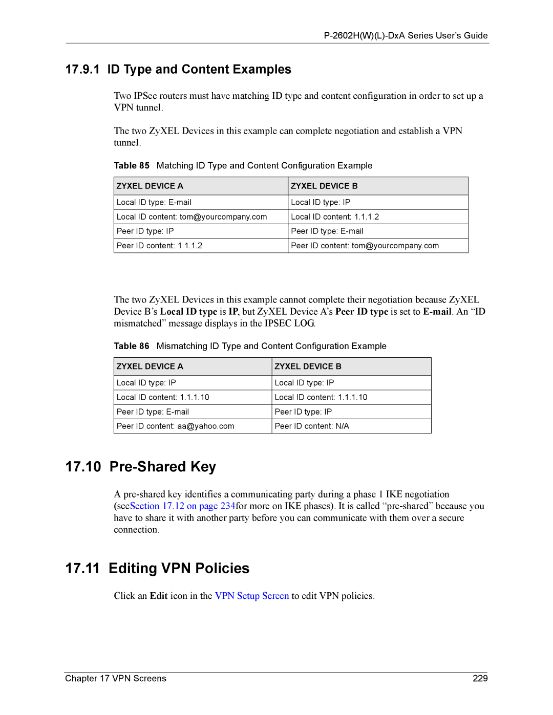 ZyXEL Communications P-2602 manual Pre-Shared Key, Editing VPN Policies, ID Type and Content Examples 