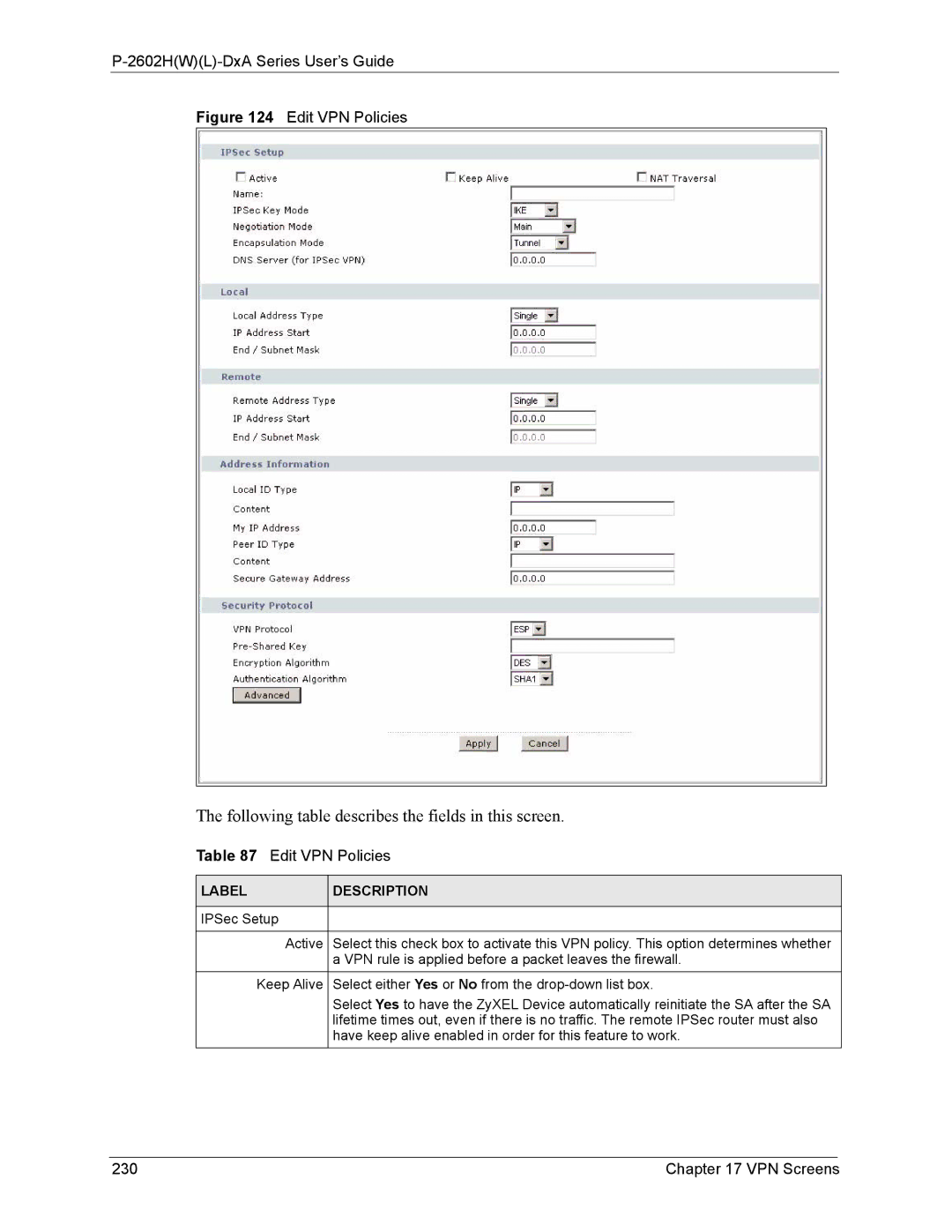 ZyXEL Communications P-2602 manual Edit VPN Policies, VPN Screens 