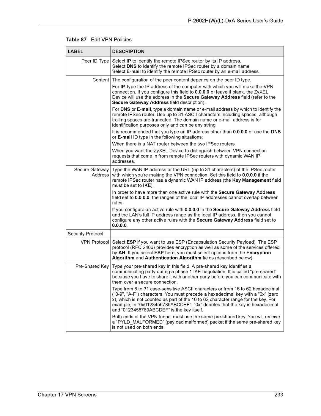 ZyXEL Communications P-2602 manual VPN Screens 233, Secure Gateway Address field description 