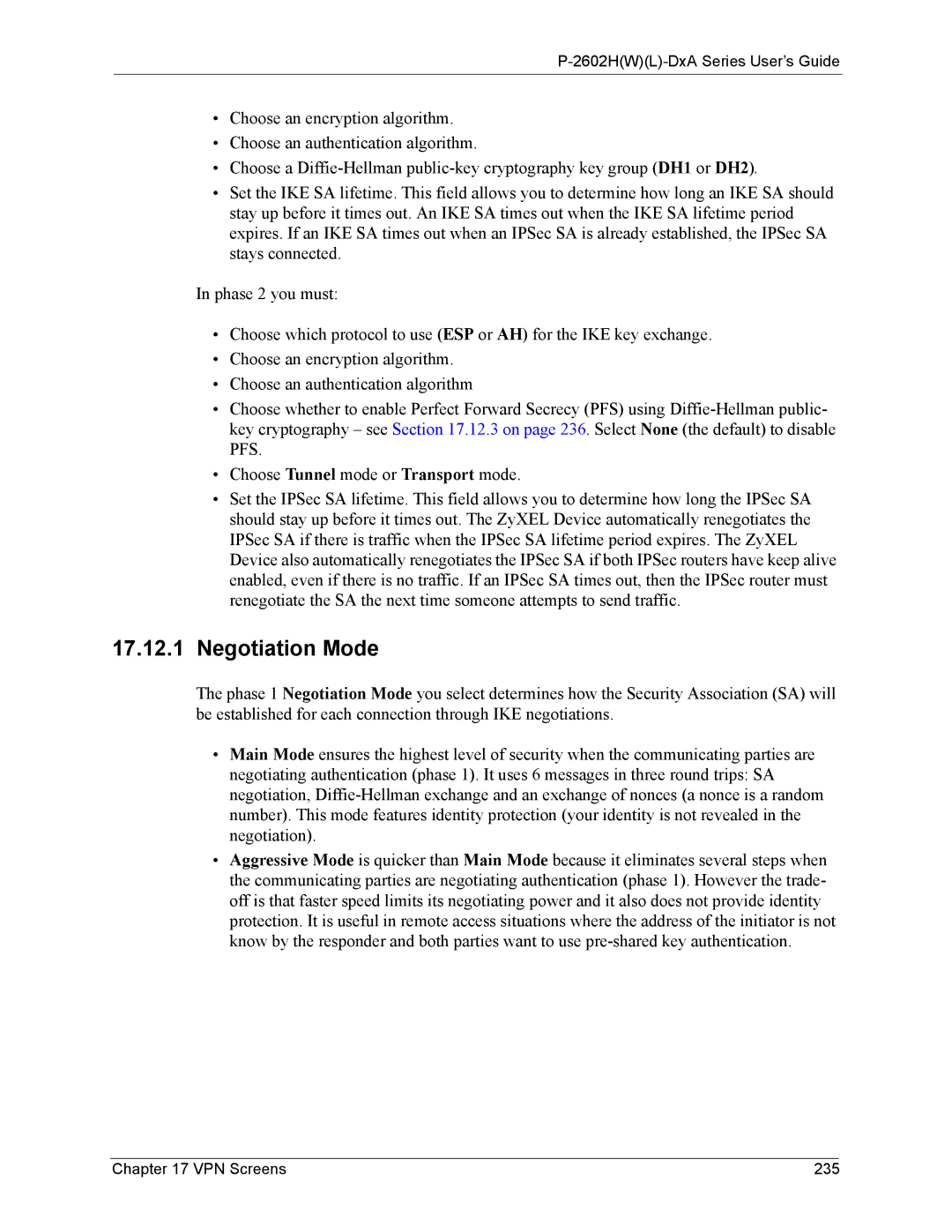 ZyXEL Communications P-2602 manual Negotiation Mode, VPN Screens 235 