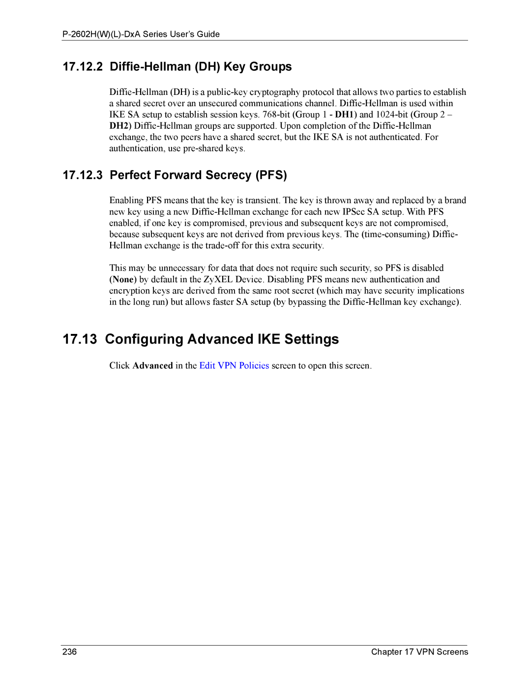 ZyXEL Communications P-2602 Configuring Advanced IKE Settings, Diffie-Hellman DH Key Groups, Perfect Forward Secrecy PFS 