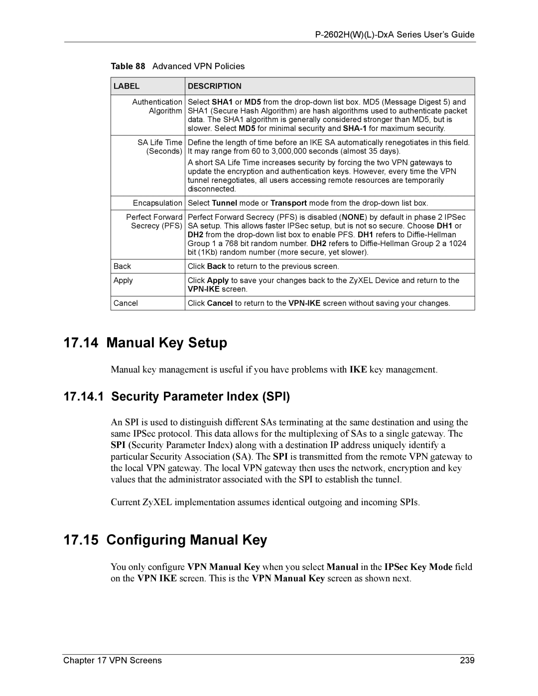 ZyXEL Communications P-2602 manual Manual Key Setup, Configuring Manual Key, Security Parameter Index SPI, VPN Screens 239 