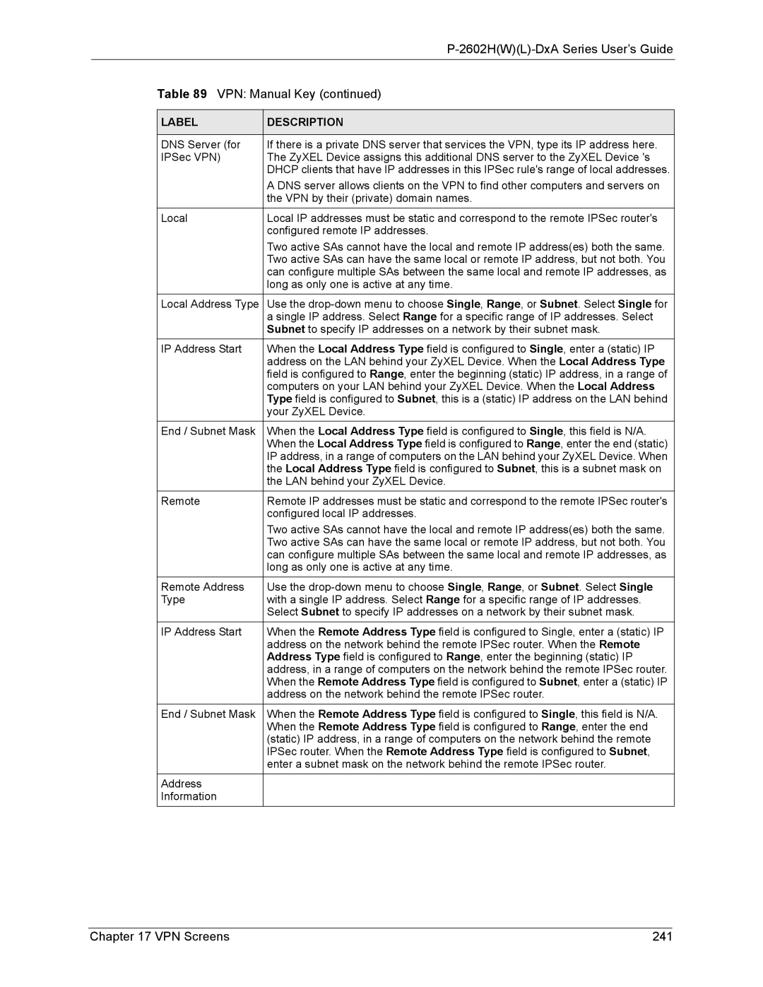 ZyXEL Communications P-2602 manual 2602HWL-DxA Series User’s Guide VPN Manual Key, VPN Screens 241 