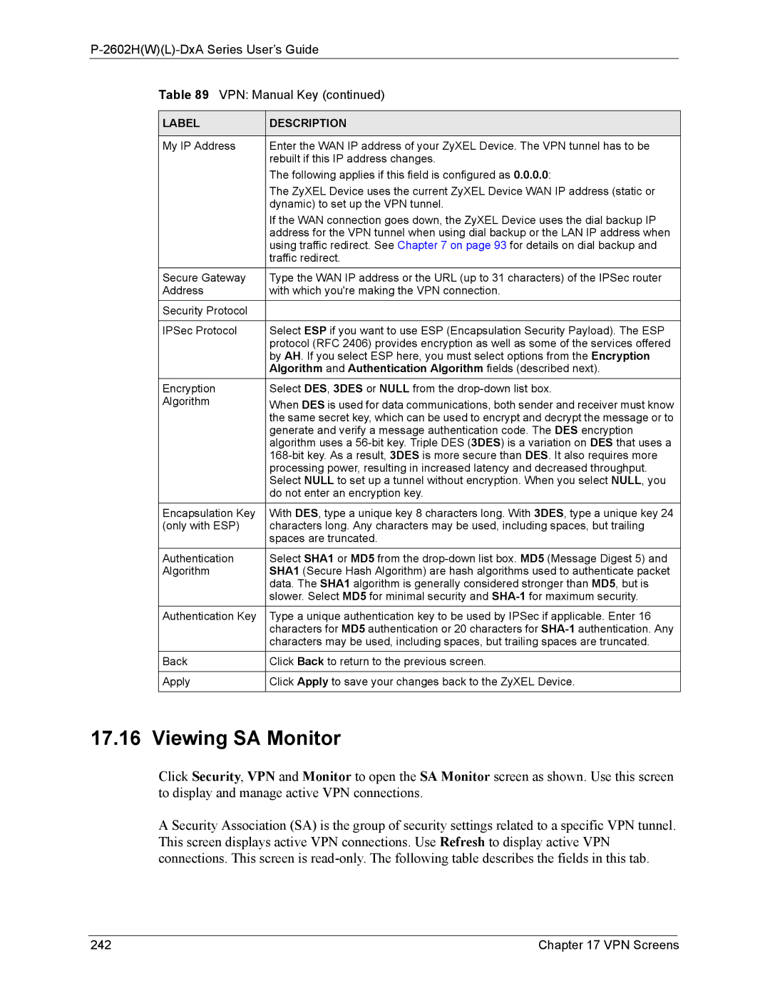 ZyXEL Communications P-2602 manual Viewing SA Monitor, VPN Screens 