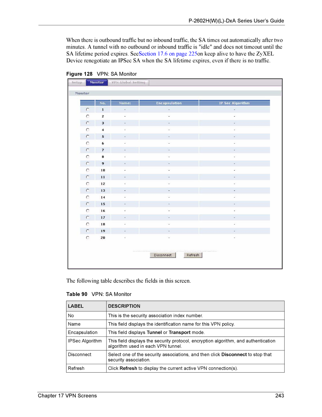 ZyXEL Communications P-2602 manual VPN SA Monitor, VPN Screens 243 