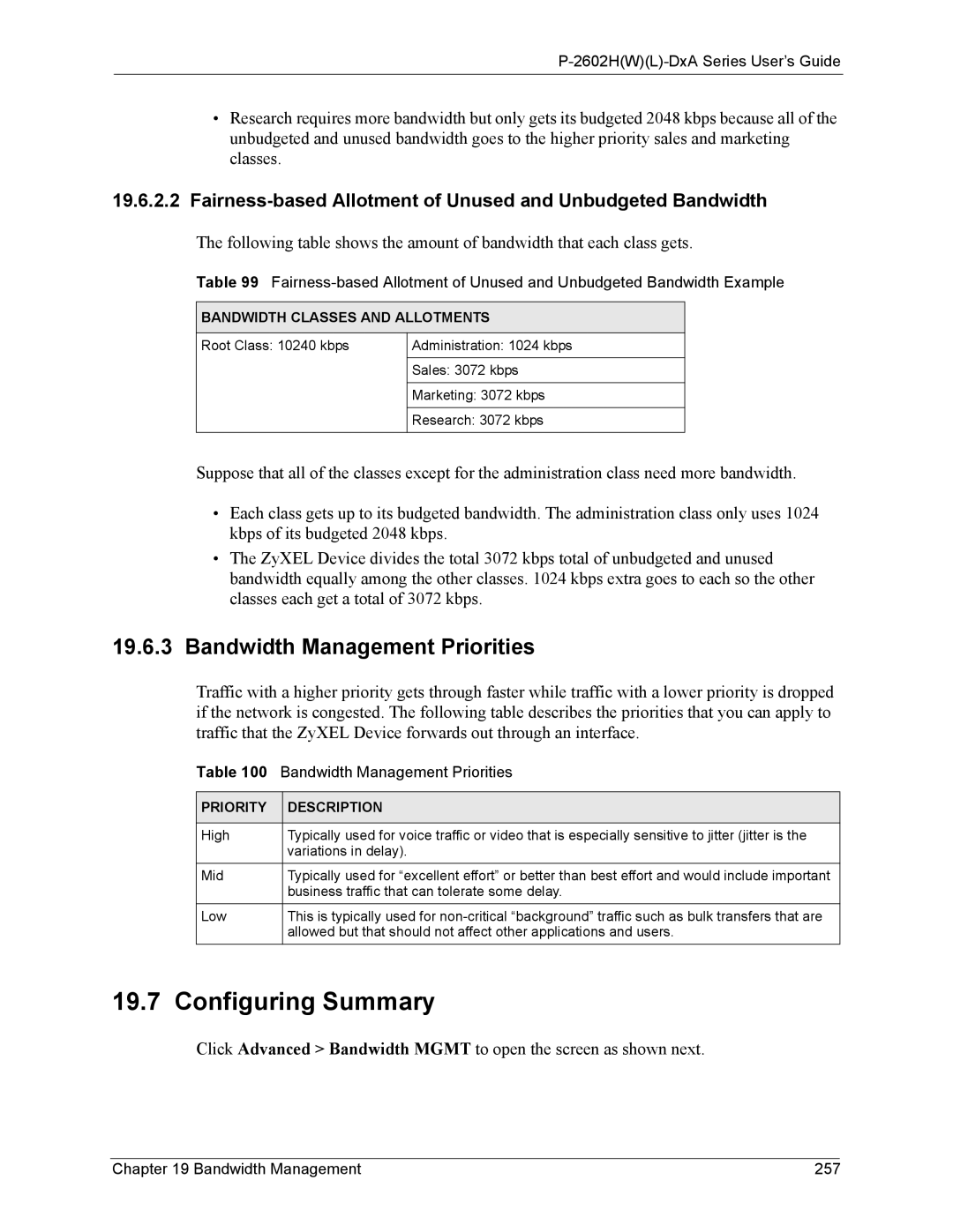 ZyXEL Communications P-2602 manual Configuring Summary, Bandwidth Management Priorities, Bandwidth Management 257 