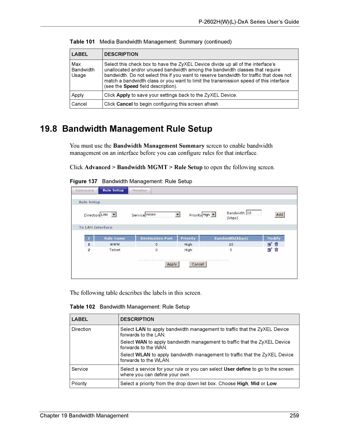 ZyXEL Communications P-2602 manual Bandwidth Management Rule Setup, Bandwidth Management 259 